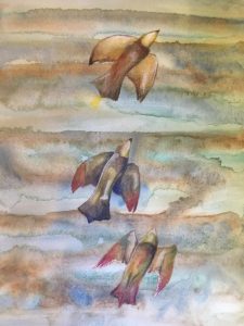Tauben der Freiheit Aquarell auf Papier Bild: 38 x 56 cm / Rahmen = 53 x 73 cm