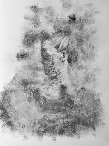 Frau im Nebel Acrylmalerei mit Collage auf Papier Bild: 42 x 56 cm